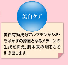 美白ケア 美白有効成分アルブチンがシミ・そばかすの原因となるメラニンの生成を抑え、肌本来の明るさを引き出します。